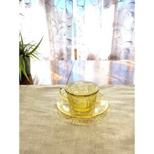 Vintage Amber Sharon Cabbage Rose Teacup & Saucer, Coffee Cup Federal Glass